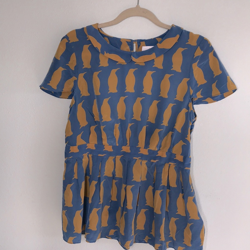 Anthropologie silk peplum top PENGUINS!